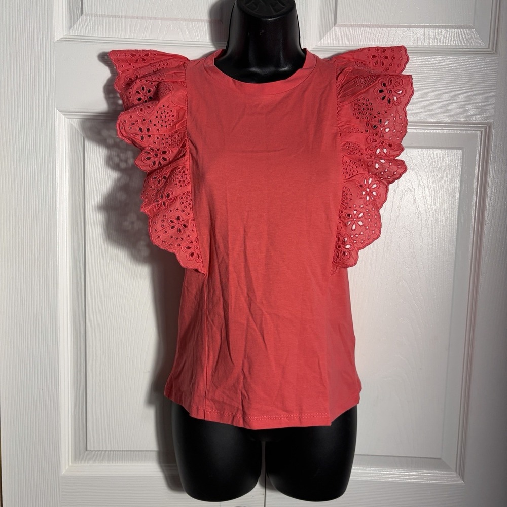 J Crew Eyelet Lace Ruffle Sleeve Top Women XS Guava Pink 100% Cotton Knit Shirt